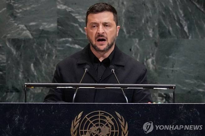 볼로디미르 젤렌스키 우크라이나 대통령이 24일(현지시간) 유엔에서 연설을 하고 있다. 사진=연합뉴스