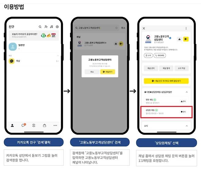 채팅 상담(실업급여 전용) 이용 방법. (출처=고용노동부 고객상담센터)