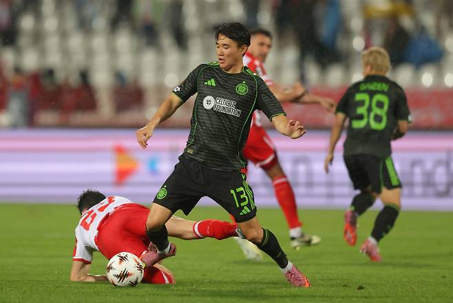 셀틱 양현준이 츠르베나 즈베즈다와 UEL 리그 페이즈 1차전에 출전한 모습. 사진=EPA 연합뉴스