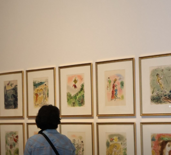 샤갈의 석판화 연작을 감상하는 관람객. (제주도립미술관 SNS)