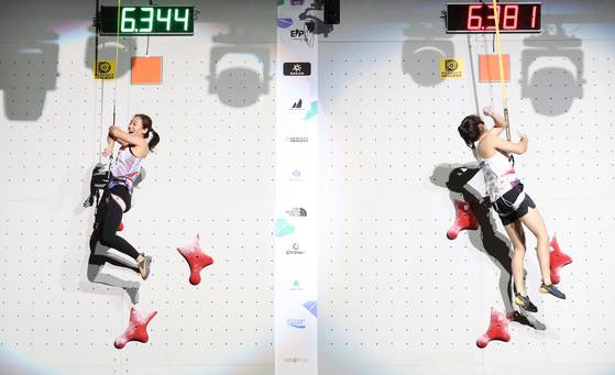 세계선수권 스피드 종목 동메달 결정전에서 중국 선수에 석패한 정지민(오른쪽). 신화=연합뉴스