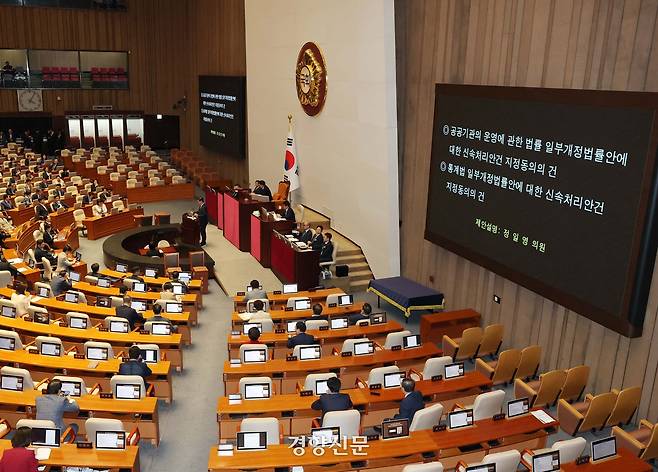 정일영 더불어민주당의원이 25일 국회 본회의에서 공공기관의 운영에 관한 법률 일부개정법률안에 대한 신속처리안건 지정동의의 건을 제안설명하고 있다. 박민규 선임기자
