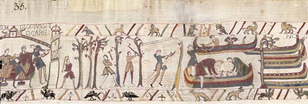 11세기에 만들어진 바이외 태피스트리(자수 작품)의 일부. 잉글랜드 노르만 왕조의 침략전쟁을 위해 함대를 만드는 모습으로, 벌목꾼들이 나무를 베고 목수가 나무 판자 모양을 자르는 장면 등 나무를 재료로 배를 만드는 현장이 담겨 있다.  더숲 제공