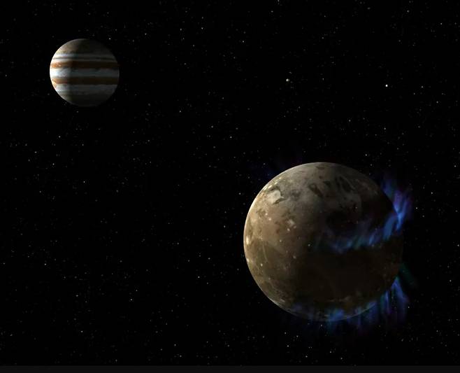 In this artist’s concept, the moon Ganymede orbits the giant planet Jupiter. NASA’s Hubble Space Telescope observed aurorae on the moon controlled by Ganymede’s magnetic fields. A saline ocean under the moon’s icy crust reduces shifting in the auroral belts as measured by Hubble. [NASA/ESA]
