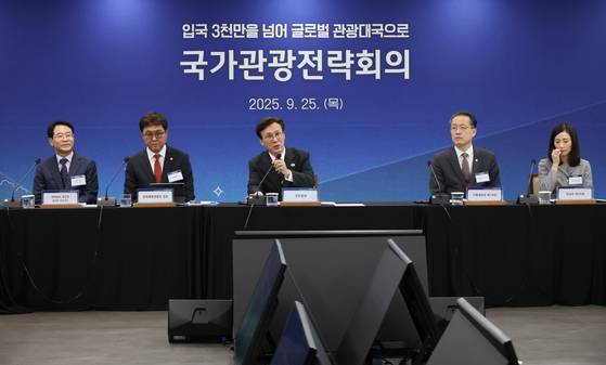Prime Minister Kim Min-seok, third from left, and Minister of Cuture, Tourism and Sports Chae Hwi-young, second from left attend a strategy meeting on national tourism on Thursday. [YONHAP]
