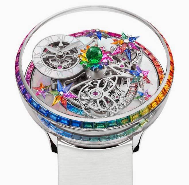 제이콥앤코의 ‘플레르 드 자르뎅’ 제품. 화이트 골드에 레인보우 바게트 사파이어가 박힌 것이 특징이다. [제이콥앤코 홈페이지]