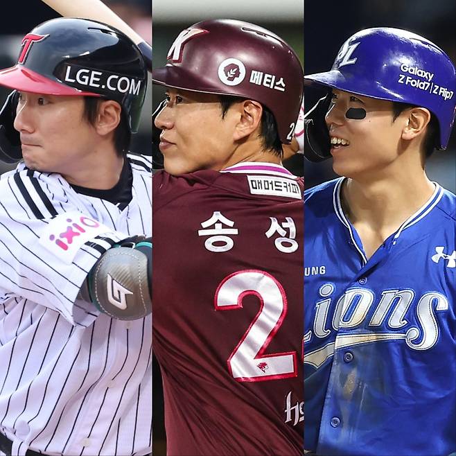 LG 신민재, 키움 송성문, 삼성 김성윤(왼쪽부터)은 시즌 내내 꾸준히 득점권에서 맹타를 휘두르고 있다. 이들의 활약은 타선에 큰 힘이 되어주고 있다. 사진제공｜LG 트윈스, 키움 히어로즈, 삼성 라이온즈