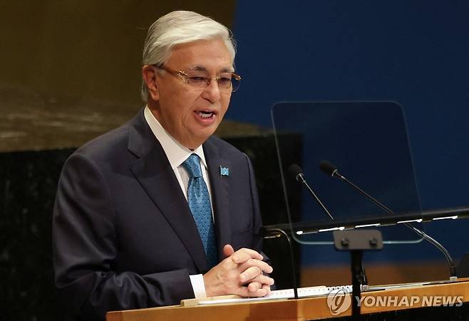 23일 유엔총회서 연설하는 토카예프 카자흐스탄 대통령 [로이터 연합뉴스 자료사진. 재판매 및 DB 금지]