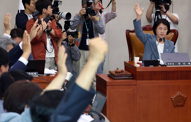 여야 의원들이 24일 오후 서울 여의도 국회에서 열린 법제사법위원회 전체회의에서 거수 표결을 하고 있다. /뉴시스