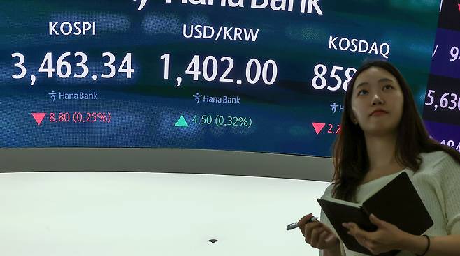 25일 오전 서울 중구 하나은행 딜링룸 전광판에 개장 시황이 나오고 있다./뉴스1