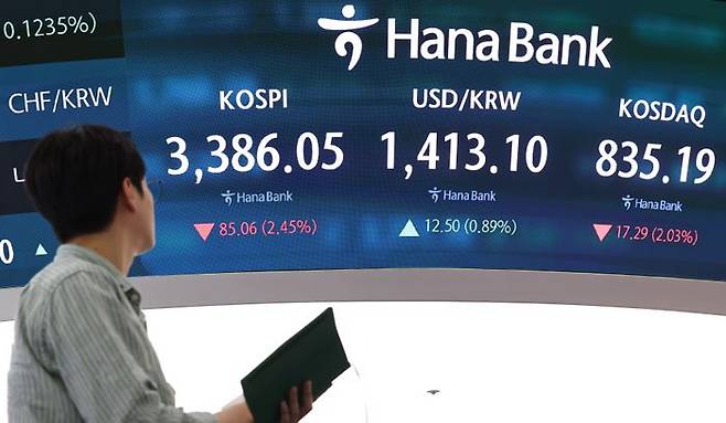 스피가 전 거래일(3471.11)보다 85.06포인트(2.45%) 내린 3386.05에 마감한 26일 서울 중구 하나은행 딜링룸에 종가가 보이고 있다. ⓒ뉴시스