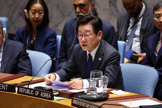 이재명 대통령이 24일(현지시간) 미국 뉴욕 유엔본부에서 안전보장이사회 공개토의를 주재하고 있다. 2025.09.24 대통령실사진기자단.