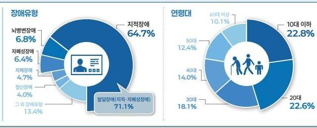 2024 장애인 학대 현황 중 피해자의 장애유형별 분류(왼쪽)과 연령별 분류. 보건복지부 제공