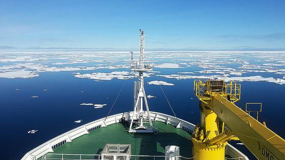 국내 유일의 쇄빙선 아라온호가 북극해 인근을 항해하고 있다 극지연구소