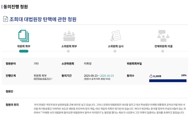 국민전자청원 홈페이지에 올라온 조희대 대법원장 탄핵 청원. 국민전자청원