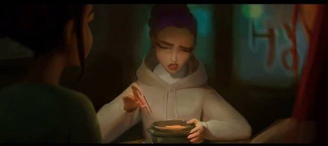 방금 나온 국밥 뚝배기를 맨손으로 잡아 젓가락으로 떠먹으려는 주인공 루미. 한국인은 이런 행동을 하지 않는다. 다행히 오류는 바로 잡혔다. /넷플릭스