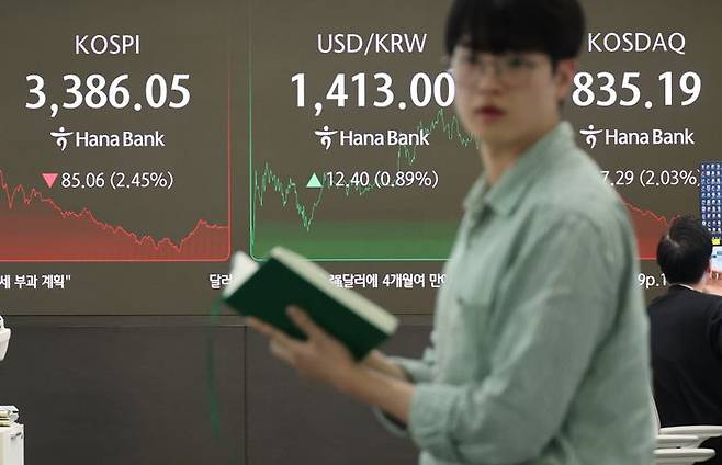 코스피가 급락한 26일 서울 중구 하나은행 딜링룸 현황판에 코스피·코스닥 종가가 표시돼 있다. ⓒ연합뉴스