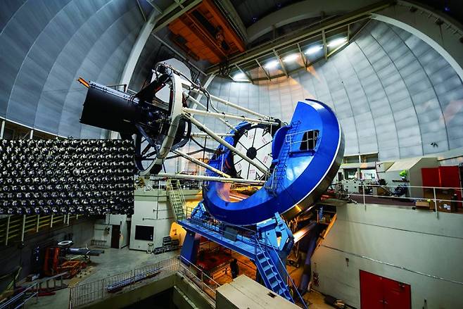 애리조나주 키트피크 산꼭대기에 건설된 DESI. 관측 장비 속 4m 직경 망원경에는 5000개의 작은 광섬유 로봇들(작은 사진)이 있다. 이것들이 각자 쉴새없이 움직이며 천체를 쫓는다.Dark Energy Spectroscopic Instrument 제공