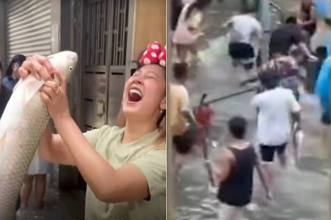 지난 24일 중국 마카오 거리에서 주민들이 ‘물고기 잡이’를 하고 있다. 사진 유튜브 캡처