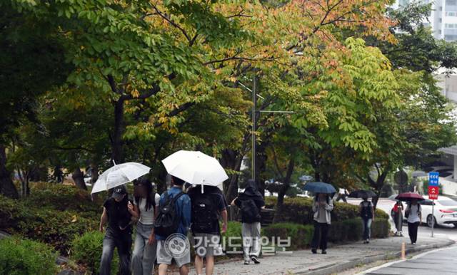 ▲ 가을비가 내린 지난 16일 한림대 춘천캠퍼스 내에 학생들이 우산을 쓰고 걷고 있다. 방도겸 기자 [강원도민일보 자료사진]