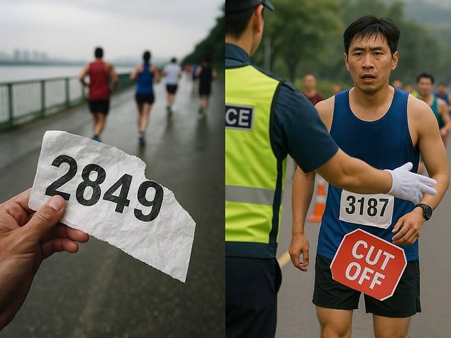 최근 마라톤 대회에서 주관사의 '운영 미흡' 문제가 불거지고 있다. 배번호가 찢어진 모습과 출발 시간 지연으로 많은 사람들이 절반도 달리지 못한 채 컷오프되는 모습./이미지=챗GPT