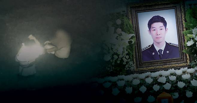 9월11일 갯벌 고립 노인에게 구명조끼를 벗어주고 숨진 고(故) 이재석 경사의 드론 촬영 화면(왼쪽)과 인천 동구의 한 장례식장에 마련된 이재석 경사의 빈소 ⓒ연합뉴스