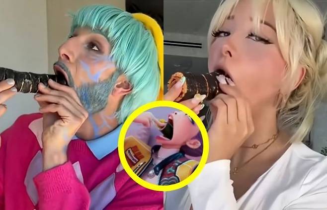 '케이팝 데몬 헌터스' 주인공의 김밥 먹방을 따라하는 모습. 틱톡