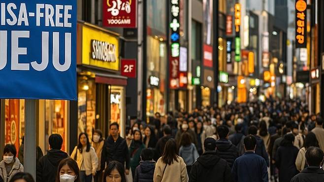 비자 없이 제주를 찾을 수 있다는 안내 문구와 함께, 인파로 붐비는 도심 거리를 이미지화한 모습.