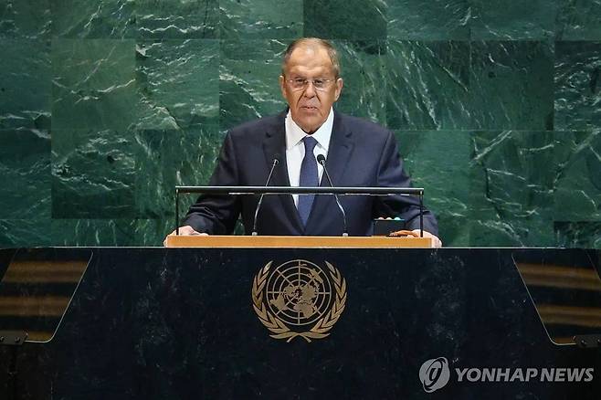 27일(현지시간) 유엔총회서 연설하는 세르게이 라브로프 러시아 외무장관 [타스 연합뉴스. 재판매 및 DB 금지]