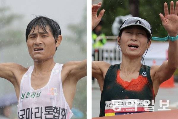 풀코스 남자부 우승자 심진석 씨(왼쪽), 여자부 우승자 전진희 씨. 공주=송은석 기자 silverstone@donga.com