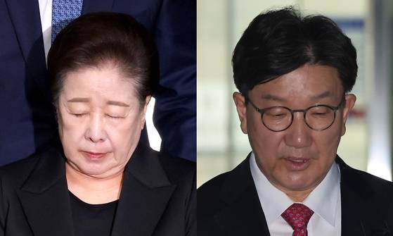권성동 국민의힘 의원 등에게 금품을 전달하고 이권을 청탁한 혐의를 받는 한학자 통일교 총재가 지난 22일 오후 서울 서초구 서울중앙지방법원에서 열린 구속 전 피의자심문(영장실질심사)에 출석하고 있다. 뉴스1