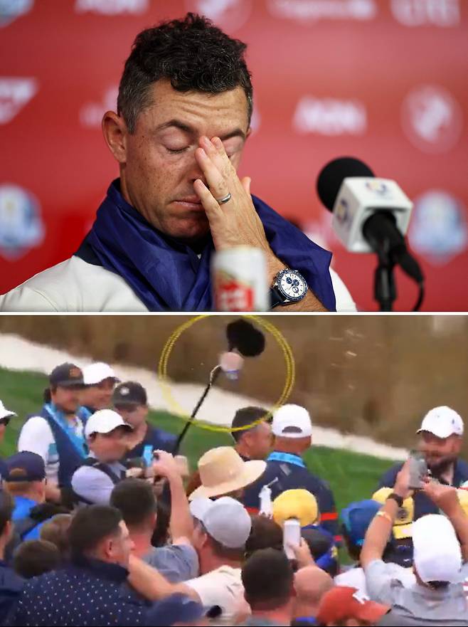 라이더컵 우승 인터뷰를 하는 로리 매킬로이(위쪽 사진). 28일 대회 둘째 날 한 팬이 던진 맥주컵(원 안)이 매킬로이의 아내 에리카(모자 쓴 사람)를 향해 날아가고 있다.  AFP연합뉴스·SNS 캡처