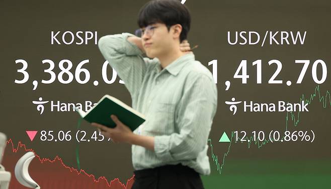 코스피가 급락한 26일 서울 중구 하나은행 딜링룸 현황판에 코스피 종가와 원/달러 환율이 표시돼 있다. [연합]