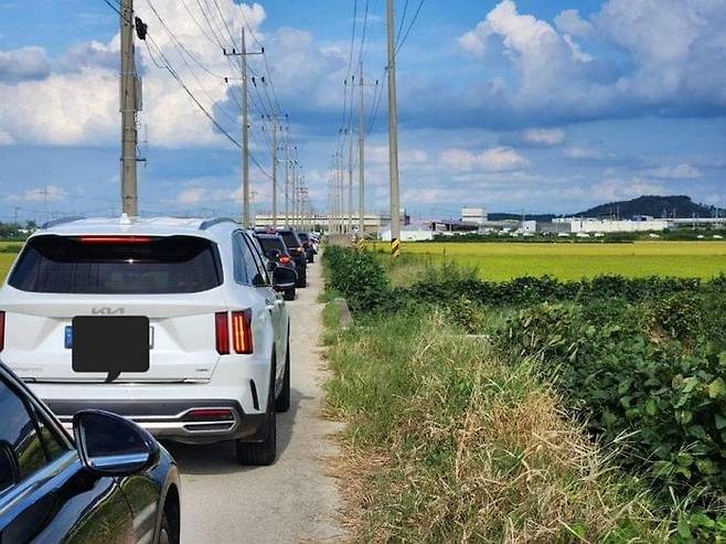 차 한 대가 겨우 지날 수 있는 농로에 차들이 길게 늘어선 모습 [스레드 캡처]