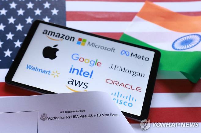 미국, 인도 국기와 미국 H-1B 비자 신청서 [로이터 일러스트레이션. 재배포 및 DB 금지]