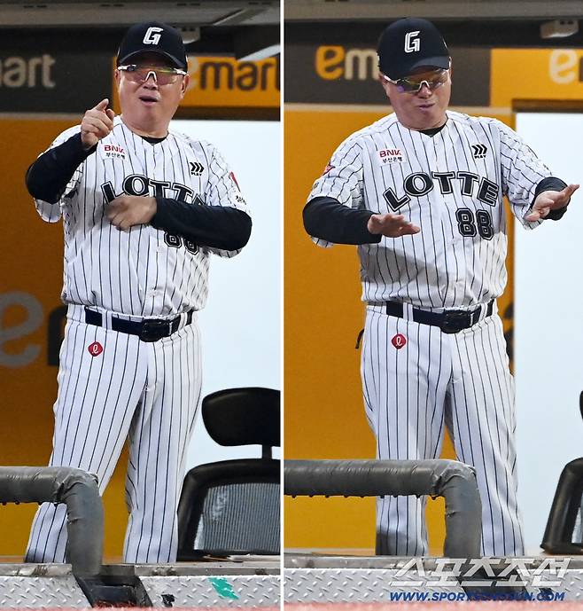 29일 인천SSG랜더스필드에서 열린 롯데와 SSG의 경기, 6회초 2사 1루 김태형 감독이 전준우를 삼진처리하고 감정을 표출한 앤더슨의 모습에 놀란 듯 상대 더그아웃에 제스쳐를 보내고 있다. 인천=허상욱 기자wook@sportschosun.com/2025.09.29/