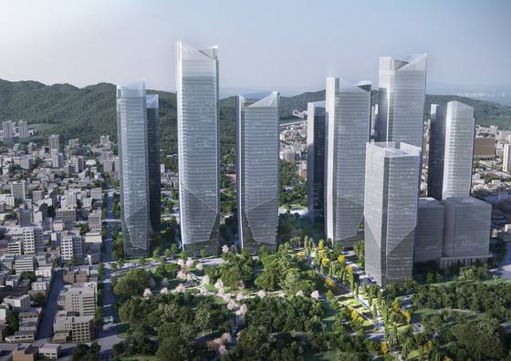 세운지구 조감도. 세운상가가 있는 곳은 공원으로 조성되고 그 외에도 중앙공원 등이 조성된다. 자료=디블록그룹