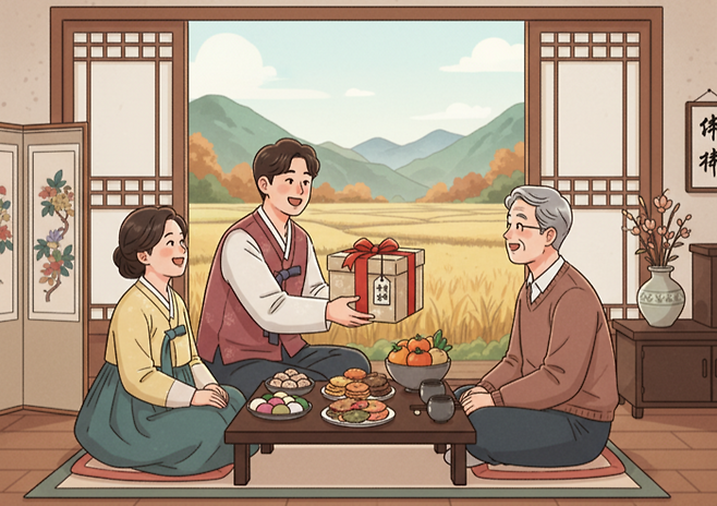 추석 선물을 건네는 모습 [사진 = AI 생성 이미지]