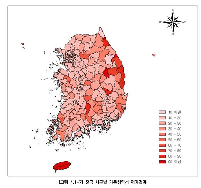 전국 시·군별 가뭄취약성 평가 결과. 환경부 한강홍수통제소 전국 가뭄취약 지도(2023.6) 자료 캡처