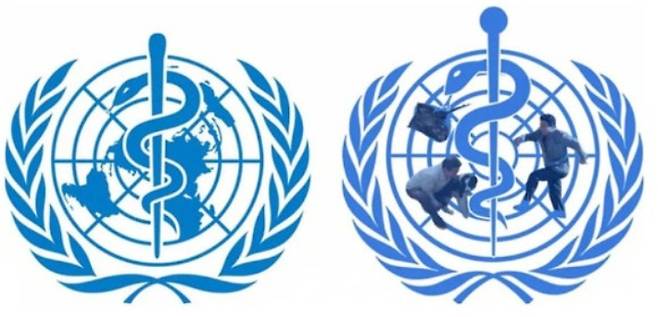 WHO(세계보건기구) 공식 로고(왼쪽)와 故 노무현 전 대통령 이미지를 합성한 '일베 로고'. 온라인 커뮤니티 캡처