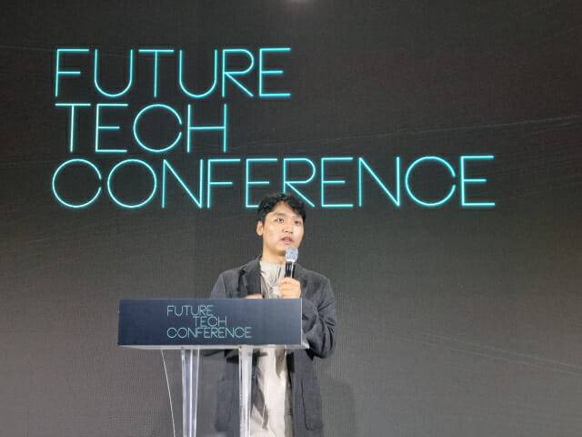 이민형 아스테로모프 대표는 1일 서울 코엑스에서 열린 'AI 페스타 2025'의 '퓨처테크 콘퍼런스'에서 '독립적인 설계자로서 AI가 과학적 발견을 주도하는 방법'을 주제로 발표했다. (사진=조이환 기자)