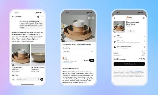 오픈AI는 지난달 29일(현지 시간) 자사 생성형 인공지능(AI) 챗봇 ‘챗GPT’에서 바로 결제가 가능한 ‘즉시 결제’ 기능을 도입했다고 밝혔다. 사진처럼 ‘100달러 이내의 집들이 선물을 추천해줘’라고 검색하면 추천 제품이 나열되고, 오픈AI와 계약한 전자상거래 플랫폼을 통해 외부 사이트 이동 없이 채팅창 내에서 결제가 가능하다. 오픈AI 제공