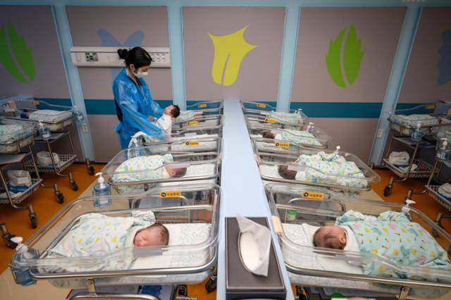 지난달 25일 경기 고양시 CHA의과학대학교 일산차병원 신생아실에서 간호사가 신생아들을 돌보고 있다.뉴시스