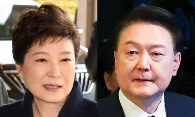 민 전 의원은 우파 정치인들을 지키기 위해 힘써야 한다고도 주장했다. 사진은 박근혜, 윤석열 전 대통령. [사진=연합뉴스]