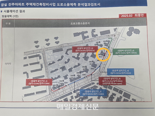 잠실 진주아파트 주택재건축정비사업 도로 소음 예측 분석 결과 검토서. [독자 제공]