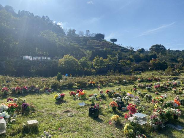 추석을 닷새 앞둔 지난 1일 광주시 북구 영락공원에 성묘객들이 두고 간 조화 꽃다발이 잔뜩 놓여져 있다.