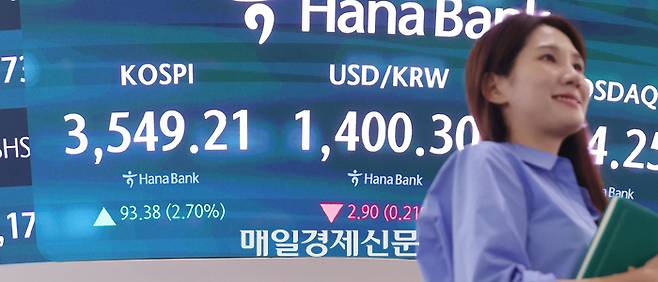 코스피가 사상 처음 3,500선을 돌파하며 종가 기준 역대 최고치인 3.549.21로 마감한 2일 오후 서울 중구 하나은행 딜링룸에서 딜러들이 업무를 보고 있다.  이승환기자