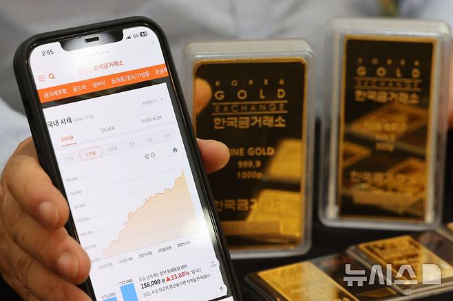 [서울=뉴시스] 황준선 기자 = 미국 연방준비제도(Fed·연준)의 지난주 금리 인하 영향으로 국제 금값이 사상 최고치를 경신한 23일 서울 종로구 한국금거래소에서 직원이 골드바를 들어보이고 있다. 이날 뉴욕상품거래소에서 12월 인도분 금 선물 종가는 온스당 3775.10달러로 전 거래일 대비 1.9% 상승하고 금 현물 가격은 미 동부시간 이날 오후 2시께 온스당 3747.08달러로 전 거래일 대비 1.7% 올라 금 선물 및 현물 가격 모두 사상 최고치 기록을 경신했다.2025.09.23. hwang@newsis.com