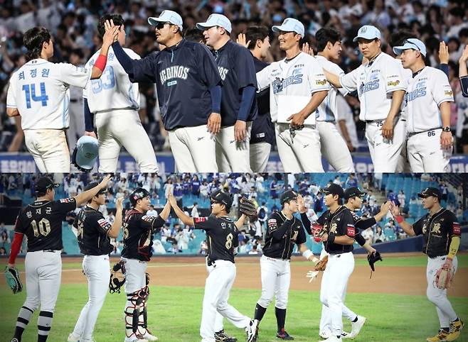 NC 다이노스 선수단 및 코칭스태프(위)와 KT 위즈 선수단 및 코칭스태프. /사진=NC 다이노스, KT 위즈 제공