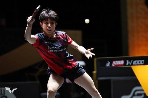 WTT 중국 스매시에 나선 주천희의 경기 장면  [WTT 인스타그램 캡처. 재판매 및 DB 금지]